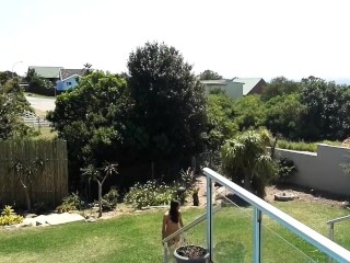 Naked in garden pool