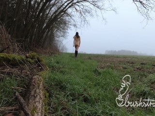 Naked stroll in a field by the forest on a foggy winter day - Nudist Video