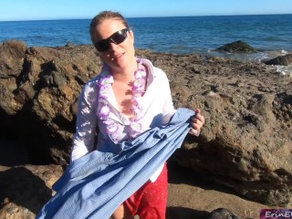 Blonde tour guide blows tourist on the beach then fucks back at her place - Nudist Video
