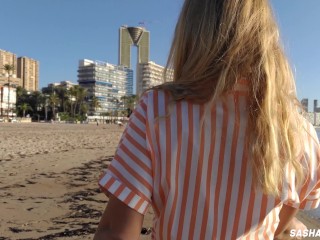 Wet shoot on a public beach with Crazy Model. Risky outdoor masturbation. Foot fetish. Pee in jeans - Nudist Video